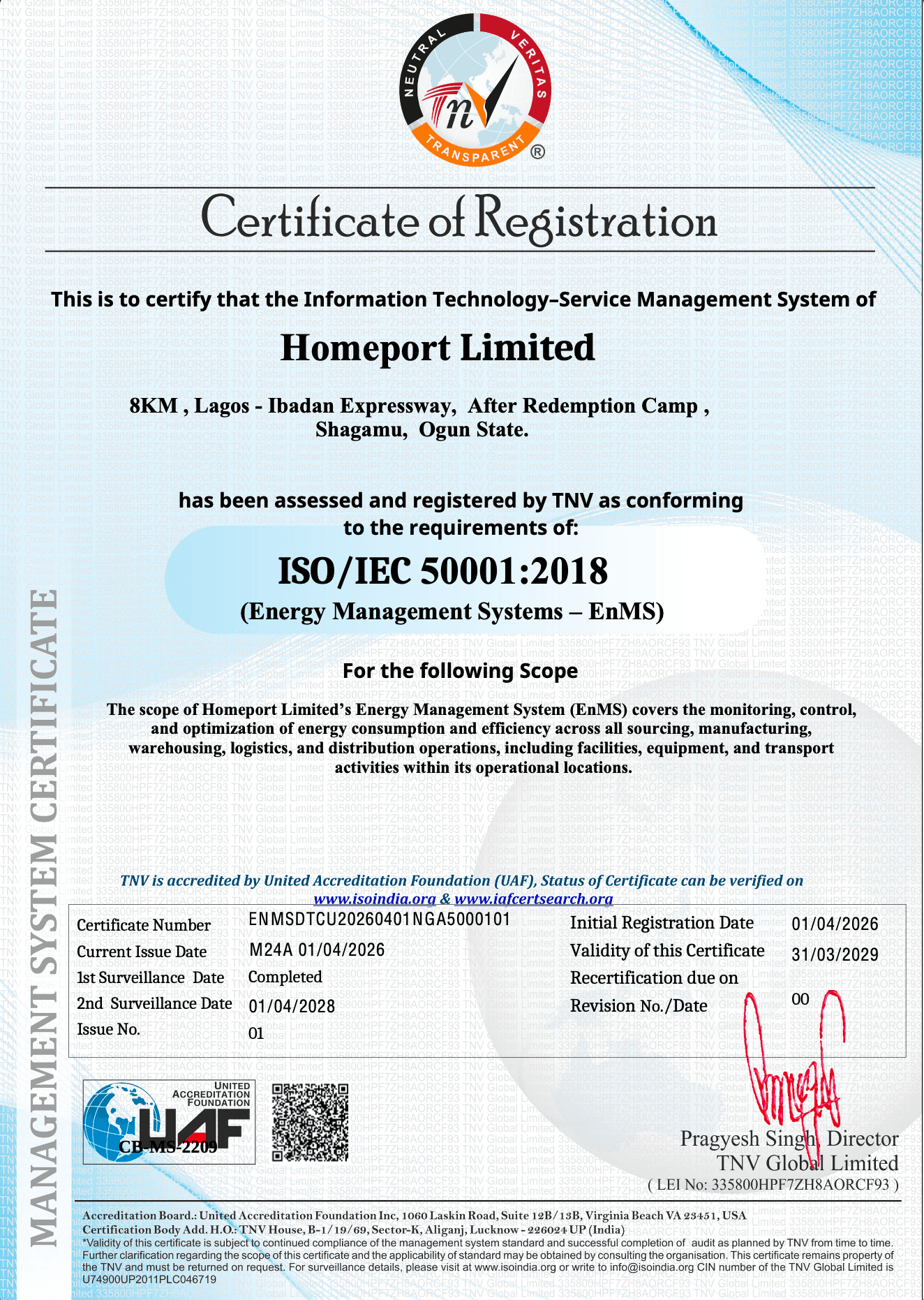 ISO 50001:2018 Certificate