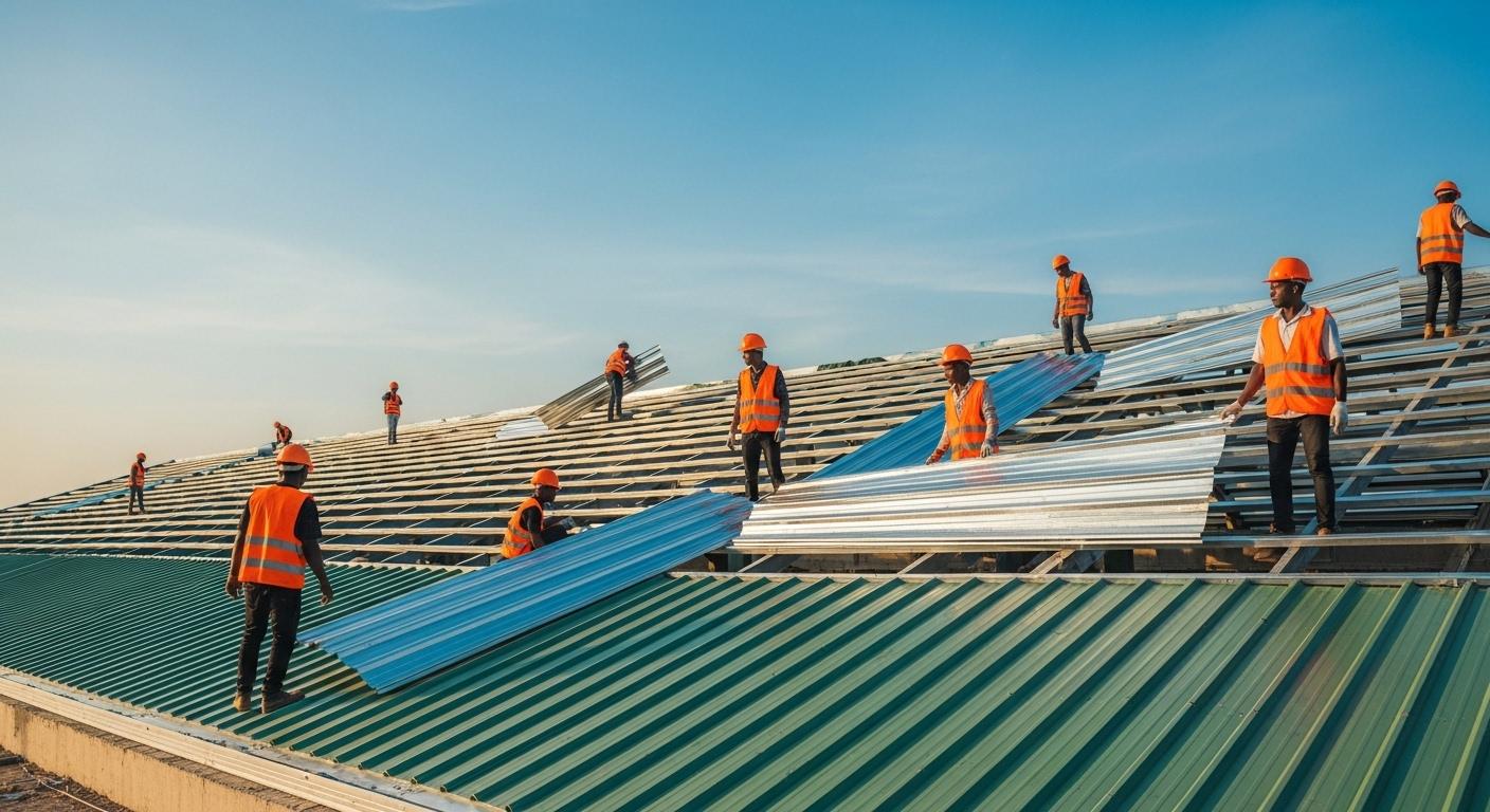 Workers installing roofing materials